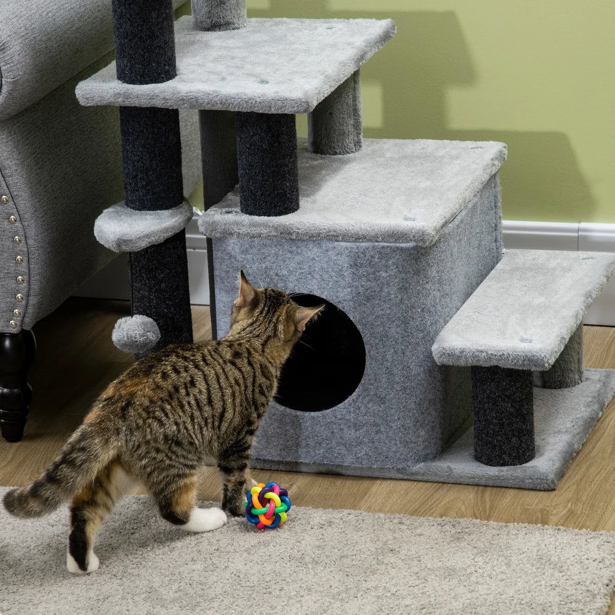 Adjustable Height 3–4 Step Cat Stairs with Detachable Cover & Hanging Ball – Grey