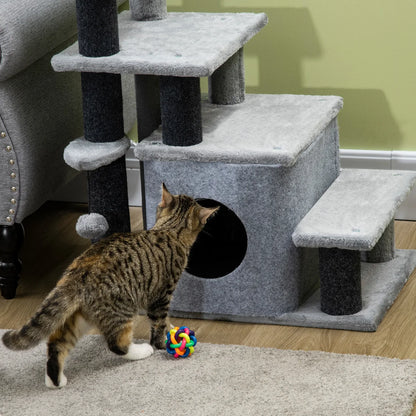 Adjustable Height 3–4 Step Cat Stairs with Detachable Cover & Hanging Ball – Grey