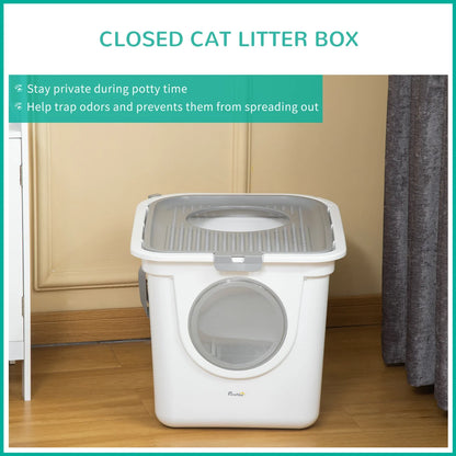 Enclosed Cat Litter Box with Front & Top Entry, Scoop Included – White