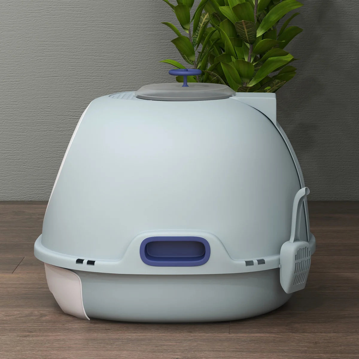 Drawer-Type Cat Litter Box with Skylight & Scoop – Tile Blue