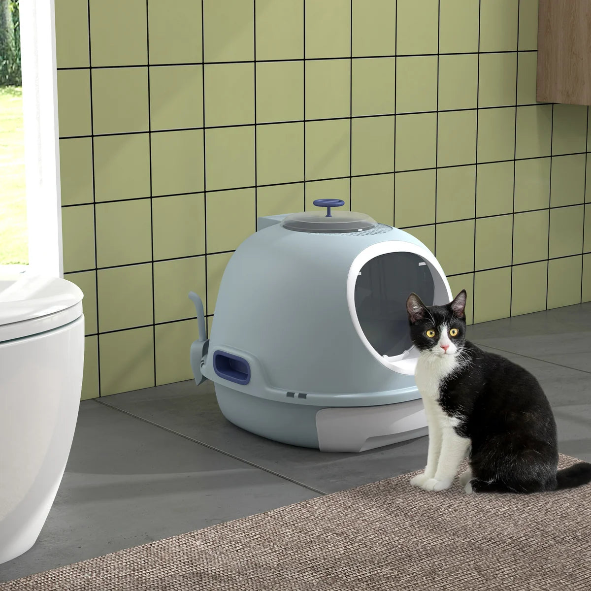 Drawer-Type Cat Litter Box with Skylight & Scoop – Tile Blue