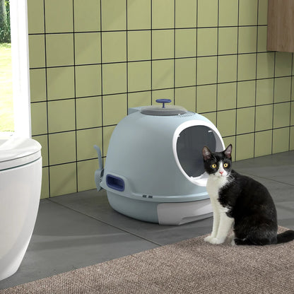 Drawer-Type Cat Litter Box with Skylight & Scoop – Tile Blue