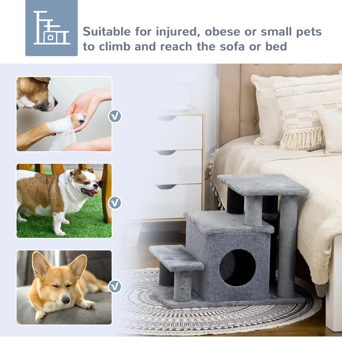 Adjustable Height 3–4 Step Cat Stairs with Detachable Cover & Hanging Ball – Grey