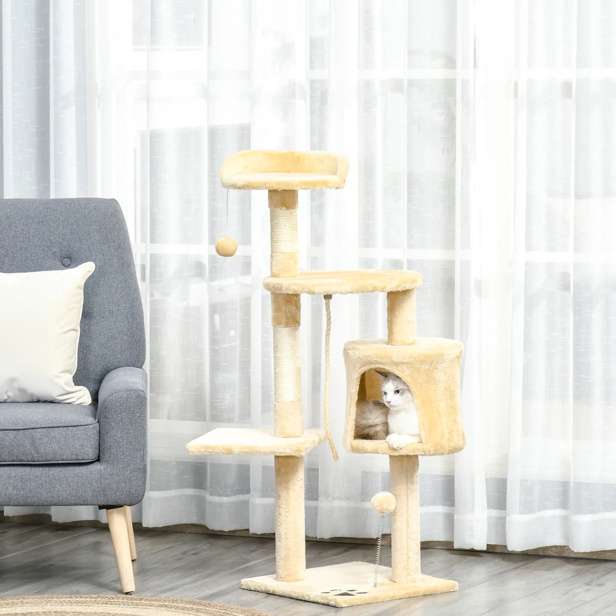 Cat Tree House 114cm with Condo, Perches & Scratching Posts – Beige