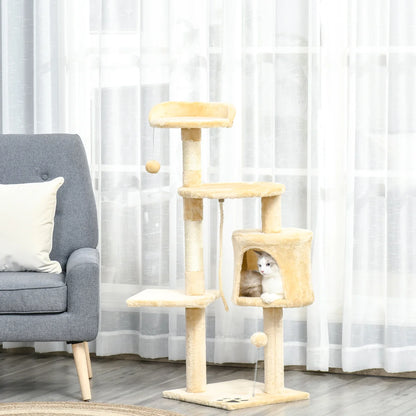 Cat Tree House 114cm with Condo, Perches & Scratching Posts – Beige