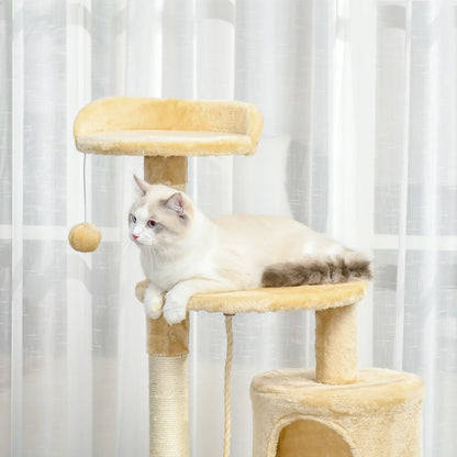 Cat Tree House 114cm with Condo, Perches & Scratching Posts – Beige
