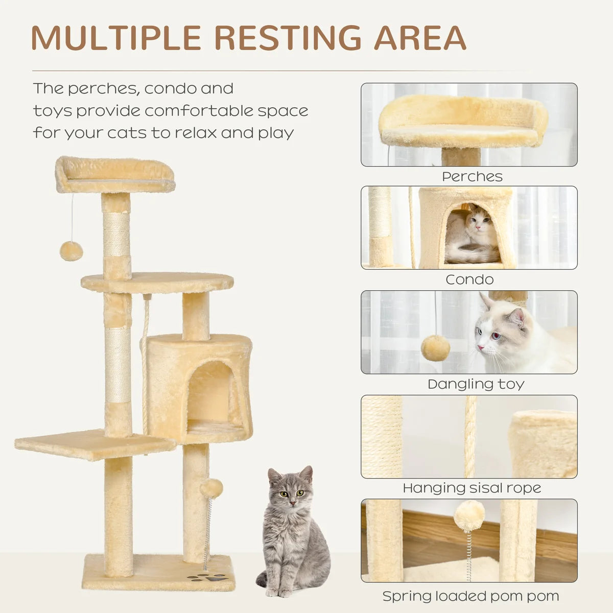 Cat Tree House 114cm with Condo, Perches & Scratching Posts – Beige