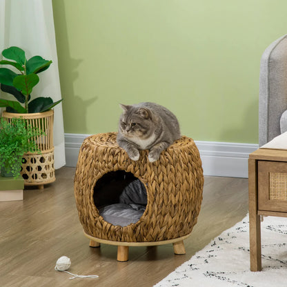 Wicker Cat Cave & Stool with Washable Cushion – Light Brown | 44 × 43 × 41cm