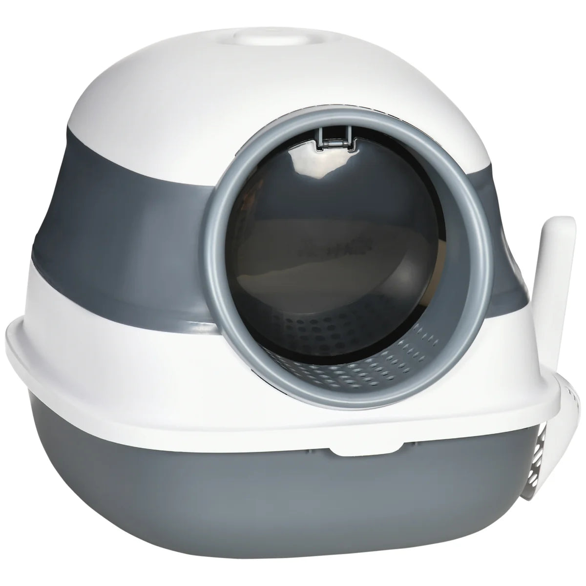 Hooded Cat Litter Tray with Lid, High Sides, Odour Control & Scoop – White & Grey