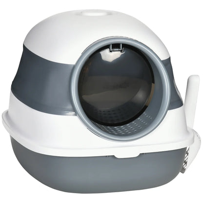 Hooded Cat Litter Tray with Lid, High Sides, Odour Control & Scoop – White & Grey