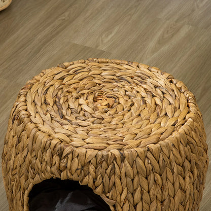 Wicker Cat Cave & Stool with Washable Cushion – Light Brown | 44 × 43 × 41cm