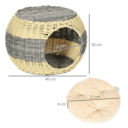 Wicker Raised Cat House with Washable Cushion – Beige & Grey | 40 × 30cm