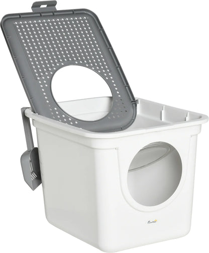 Enclosed Cat Litter Box with Front & Top Entry, Scoop Included – White