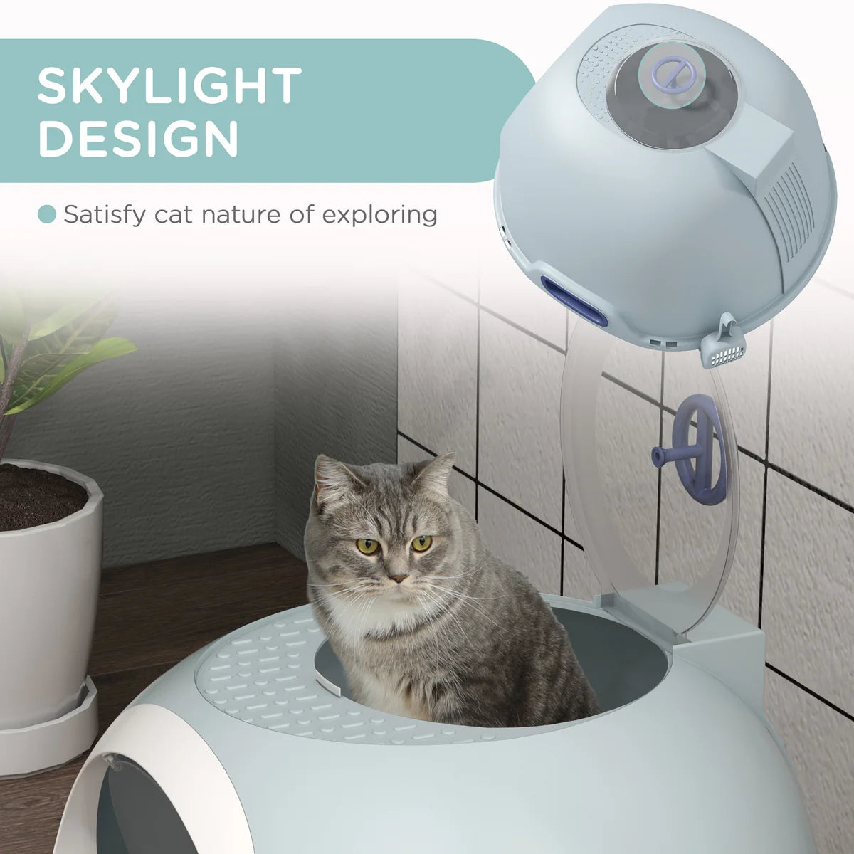 Drawer-Type Cat Litter Box with Skylight & Scoop – Tile Blue