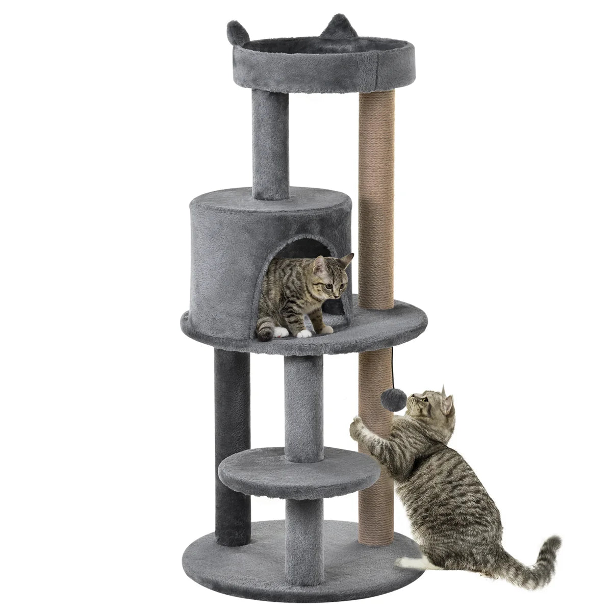 3-Tier 104cm Deluxe Cat Tree with Scratching Posts & Play Ball – Grey