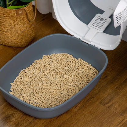 Hooded Cat Litter Tray with Lid, High Sides, Odour Control & Scoop – White & Grey