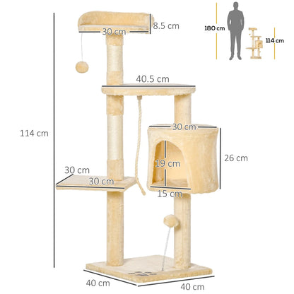 Cat Tree House 114cm with Condo, Perches & Scratching Posts – Beige