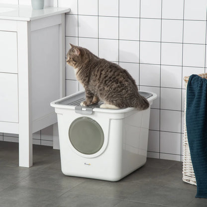 Enclosed Cat Litter Box with Front & Top Entry, Scoop Included – White