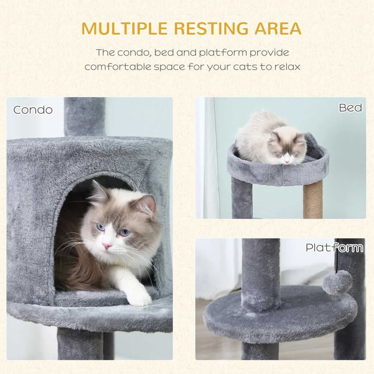 3-Tier 104cm Deluxe Cat Tree with Scratching Posts & Play Ball – Grey