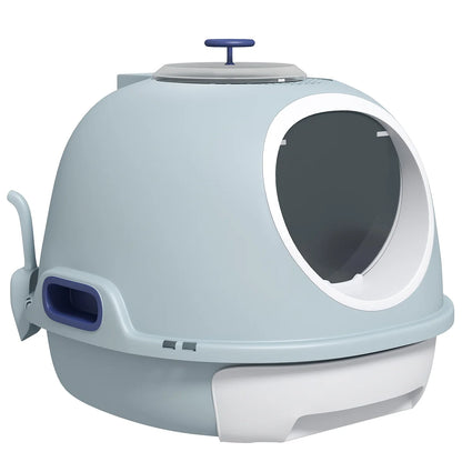 Drawer-Type Cat Litter Box with Skylight & Scoop – Tile Blue