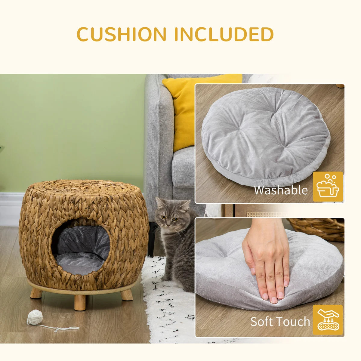 Wicker Cat Cave & Stool with Washable Cushion – Light Brown | 44 × 43 × 41cm