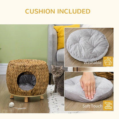 Wicker Cat Cave & Stool with Washable Cushion – Light Brown | 44 × 43 × 41cm