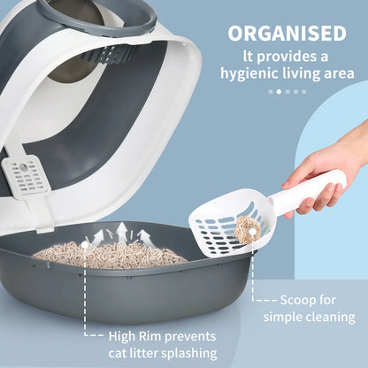 Hooded Cat Litter Tray with Lid, High Sides, Odour Control & Scoop – White & Grey